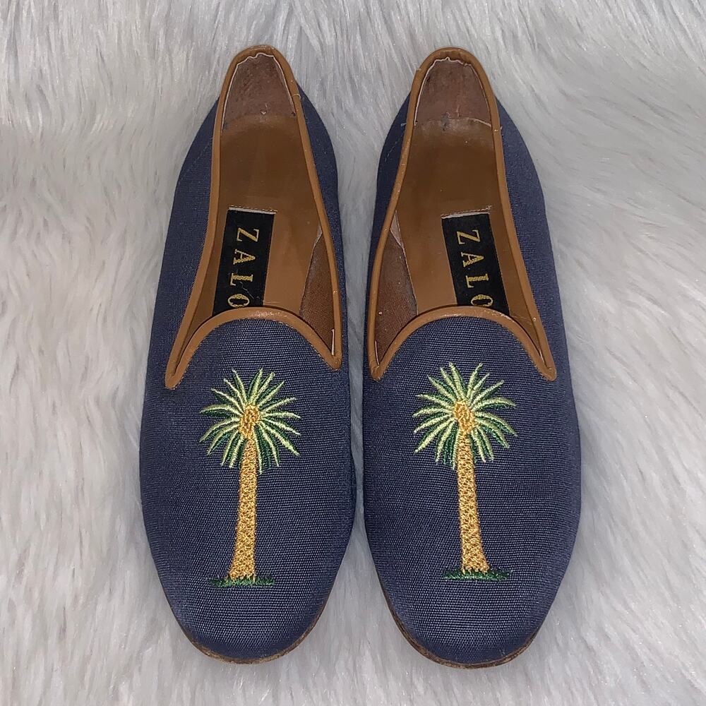 ZALO Palm Tree Embroidered Flats Loafers Canvas Leather Old Money Coastal Blue
